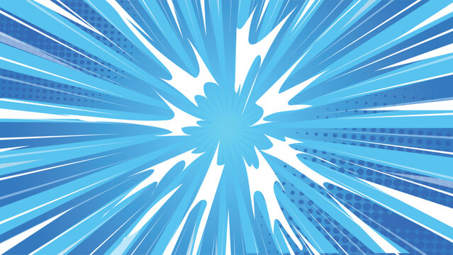 Blue Speed Lines Explosion Background with Dynamic Motion Burst Energy Effect Comic Style Vector