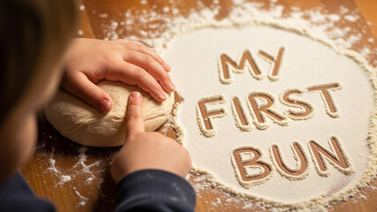 Child's hands kneading dough with flour text showing a first cooking experience.