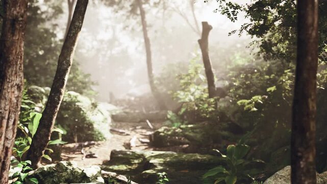 golden misty forest path in frame. careful composition highlights texture of moss and rock, shallow depth suggests focal point on winding trail, tripodready