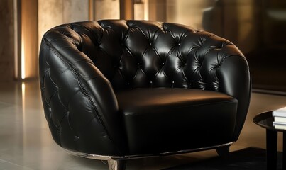 Luxurious black leather armchair with deep button tufting, sleek curved design reflecting soft ambient lighting, creating an elegant and sophisticated modern aesthetic