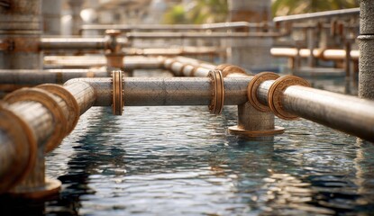 Close-up of metallic pipes and flanges against blurred water, with background architectural elements
