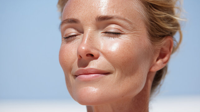 Glowing natural skin close up of woman with eyes softly shut and warm peaceful expression enjoying sunlight outdoors on clear day