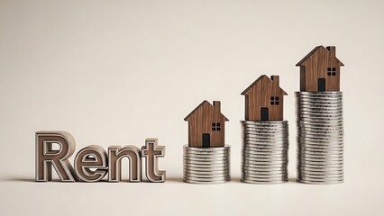 Rising rent costs illustrated by houses on stacks of coins and the word Rent