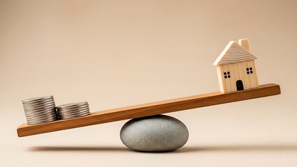 Wooden house and coins on a balance scale showing financial investment concept