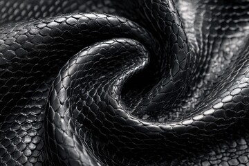 Black snakeskin texture, detailed folds, scales, shiny, luxurious, elegant