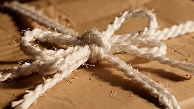 Minimal White String Twine Tied into Simple Bow on Rustic Kraft Paper Surface, Natural Handmade Wrapping Background