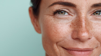 Fototapeta premium Close up of natural freckles on hydrated complexion with green eyes and subtle smile showing healthy skin texture and beauty