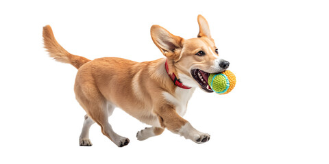 Dog walking forward carrying a toy. Dynamic playful dog pose isolated on transparent background, PNG.
