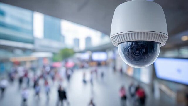 Surveillance Camera: A security camera observes an urban environment, subtly capturing the hustle and bustle of city life, ensuring safety and vigilance. 