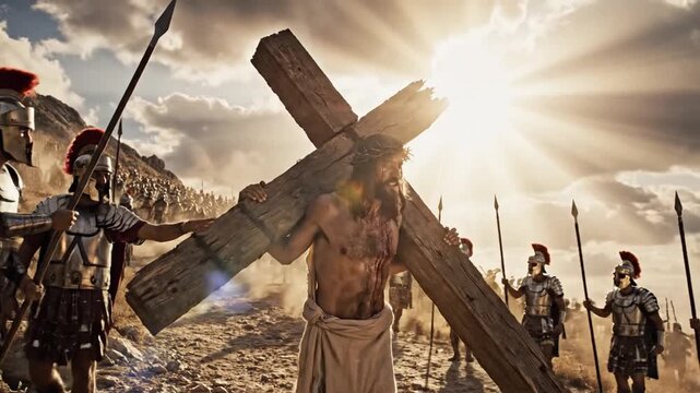 Sacred Path Leading Toward Jesus Christ Cross on Hilltop Illuminated by Radiant Sun Ray, Symbolic Journey of Faith and Redemption