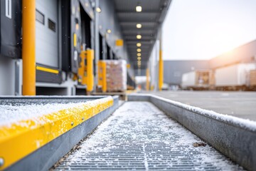 Snow on a loading dock during winter at a warehouse in a busy industrial area