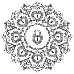 Intricate love lock mandala design with a central heart padlock and chained hearts for coloring