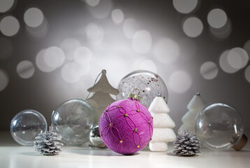 Christmas card with Christmas decorations and transparent balls. With space for text