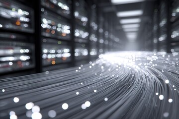 Data flows through cables in a server room filled with technology and equipment at night