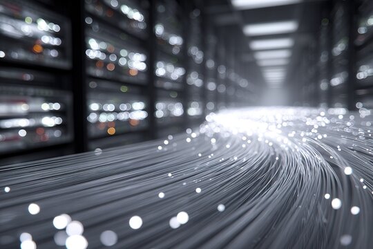 Data flows through cables in a server room filled with technology and equipment at night - Powered by Adobe