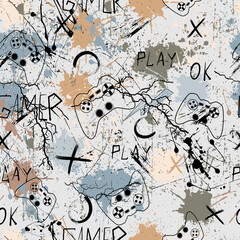 Bold urban gaming pattern with hand drawn controllers, graffiti splashes and playful typography. Trendy street style background for textiles, fashion design, wallpapers, posters and creative projects.