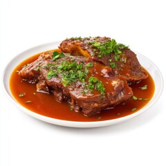 Fototapeta premium Tender and Juicy Braised Meat in Rich Gravy Topped with Fresh Parsley on White Plate