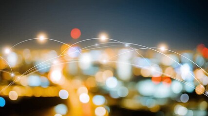 Connected Cityscape: A mesmerizing display of a cityscape illuminated at night, where digital connections overlay the physical realm, creating a sense of a high-tech society - Powered by Adobe