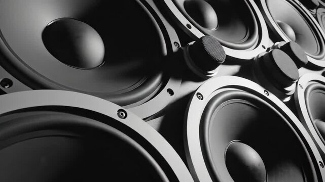 A dynamic wall of sound design featuring an array of modern audio speakers arrangement studio