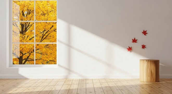 Minimalist White Room with Autumn Tree View and Sunlight
