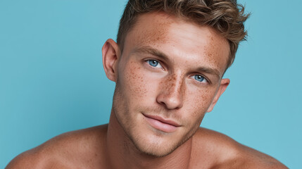 Obraz premium Light freckles sprinkled on male skin with clarity, blue eyes, and short curly hair, showing natural beauty and calm expression against blue background