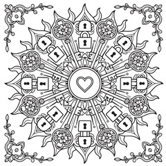Intricate mandala with radiating keys, locks, and a central heart design for coloring