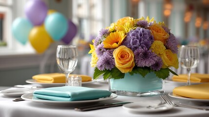 Birthday centerpiece with flowers and balloons, vibrant table decor