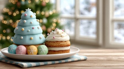 Christmas birthday combination with tree and cake, colorful