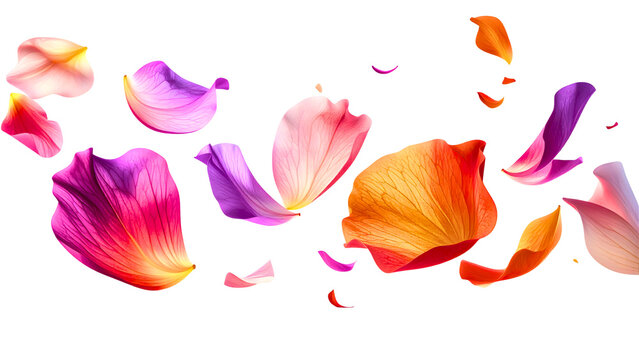 Petal flowers flying in the air in spring season isolated on background, falling blossom petal, levitation of beautiful tropical floral.