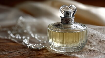 A perfume bottle with a heart-shaped stopper, on a drape of ivory silk, with a delicate wedding veil lightly covering it