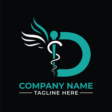 Modern d letter logo with caduceus and wings