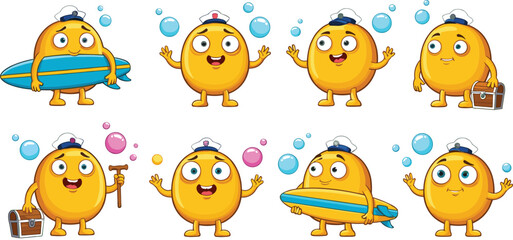 Obraz premium Cute sailor character set with surfboard treasure chest and bubbles illustrations.Cute sailor character set with surfboard treasure chest and bubbles illustrations.