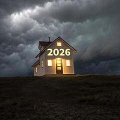 Model house with new year number 2026 against bad weather storm cloud background stock photo