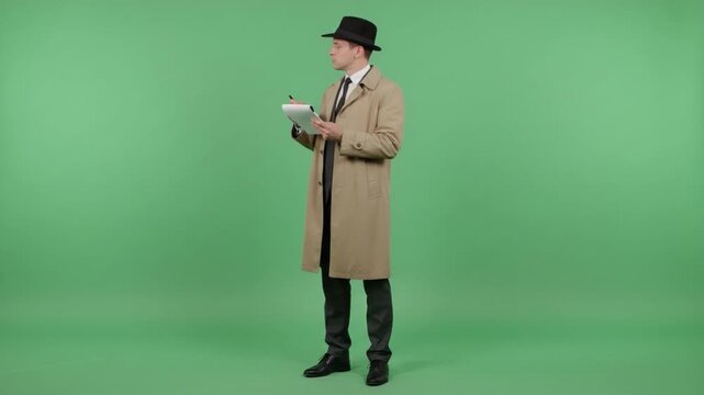 The Private Investigator: A classic private investigator, clad in a trench coat and fedora, meticulously records notes, ready to unravel mysteries.