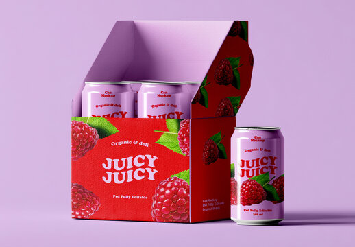 Juicy Can Packaging Box Mockup With Cans