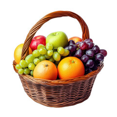Naklejka premium A basket filled with assorted fresh fruits including apples. oranges. grapes. and green grapes. set against a plain white background. ideal for healthy lifestyle promotion and culinary use