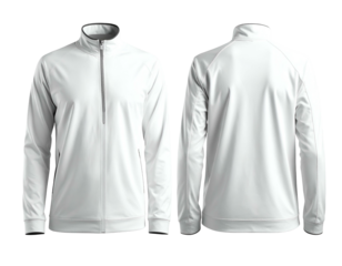 Front and back views of a white, zippered, long-sleeved jacket
