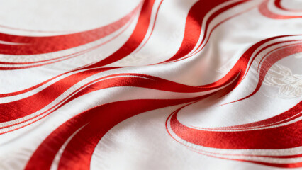 Elegant flowing red and white silk patterns in abstract Japanese textile design. event programs, museum guides, designed for cultural heritage projects and event programs.