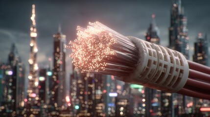 Fiber optic cable glowing, city skyline