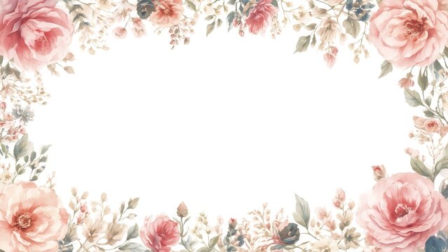 Watercolor floral frame with pink roses and delicate foliage for wedding invitation or greeting card design - Powered by Adobe