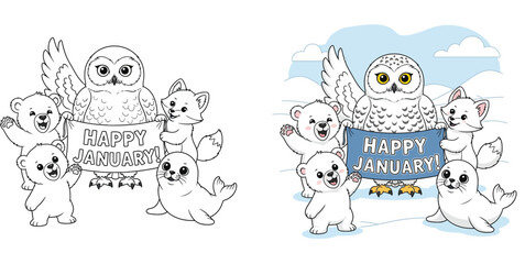 Cute cartoon arctic animals holding Happy January banner. Snowy owl, polar bears, fox, and seal characters welcoming new year month vector illustration. © MstSangita