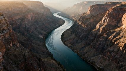 An aerial view of a winding river cutting through a canyon with steep rock walls. travel magazines, destination branding, designed for travel destination branding.