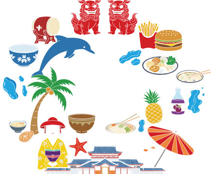 Collection of okinawa travel and culture icons including shisa lion traditional castle architecture ramen sushi dolphin palm tree and japanese kimono woman