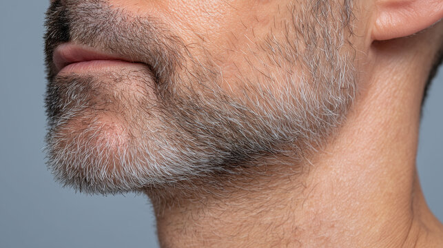 Polished groomed male skin texture with high clarity grey beard close up facial hair detail