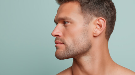 Fototapeta premium Realistic skin texture with sun kissed warmth across cheeks on young man with short hair and trimmed beard looking sideways against plain background