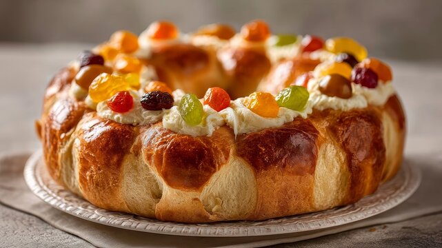 A traditional Spanish roscon cake decorated with colorful candied fruits. The cake symbolizes the Three Wise Men, celebrated during Christmas.