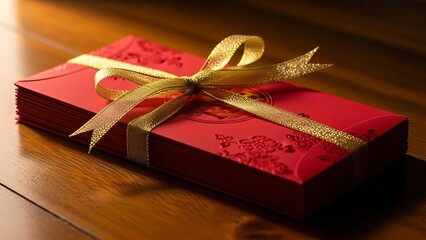Elegant stack of traditional red envelopes tied with a golden ribbon, perfect for gifting during celebrations