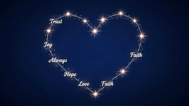 Romantic Constellation Heart Vector with Glowing Stars Labeled with Emotional Qualities on a Deep Navy Blue Background