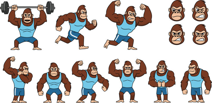 Set of strong muscular gorilla character mascots wearing blue gym outfits performing fitness exercises like weightlifting running and bodybuilding poses isolated on white