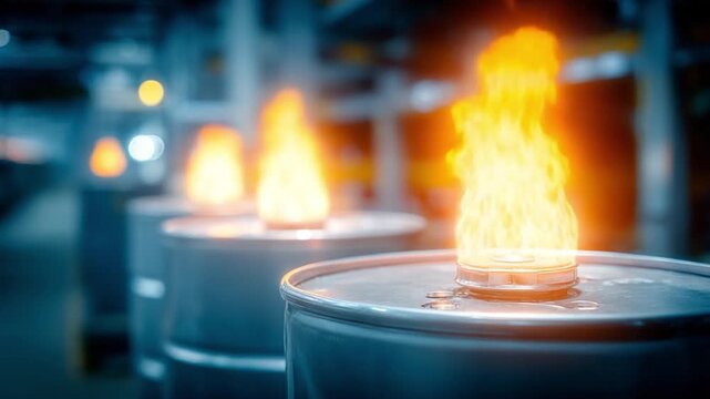 Fiery Barrels: An industrial scene showcasing a row of metal barrels, each emitting a vibrant, flickering flame, hinting at energy and industry.